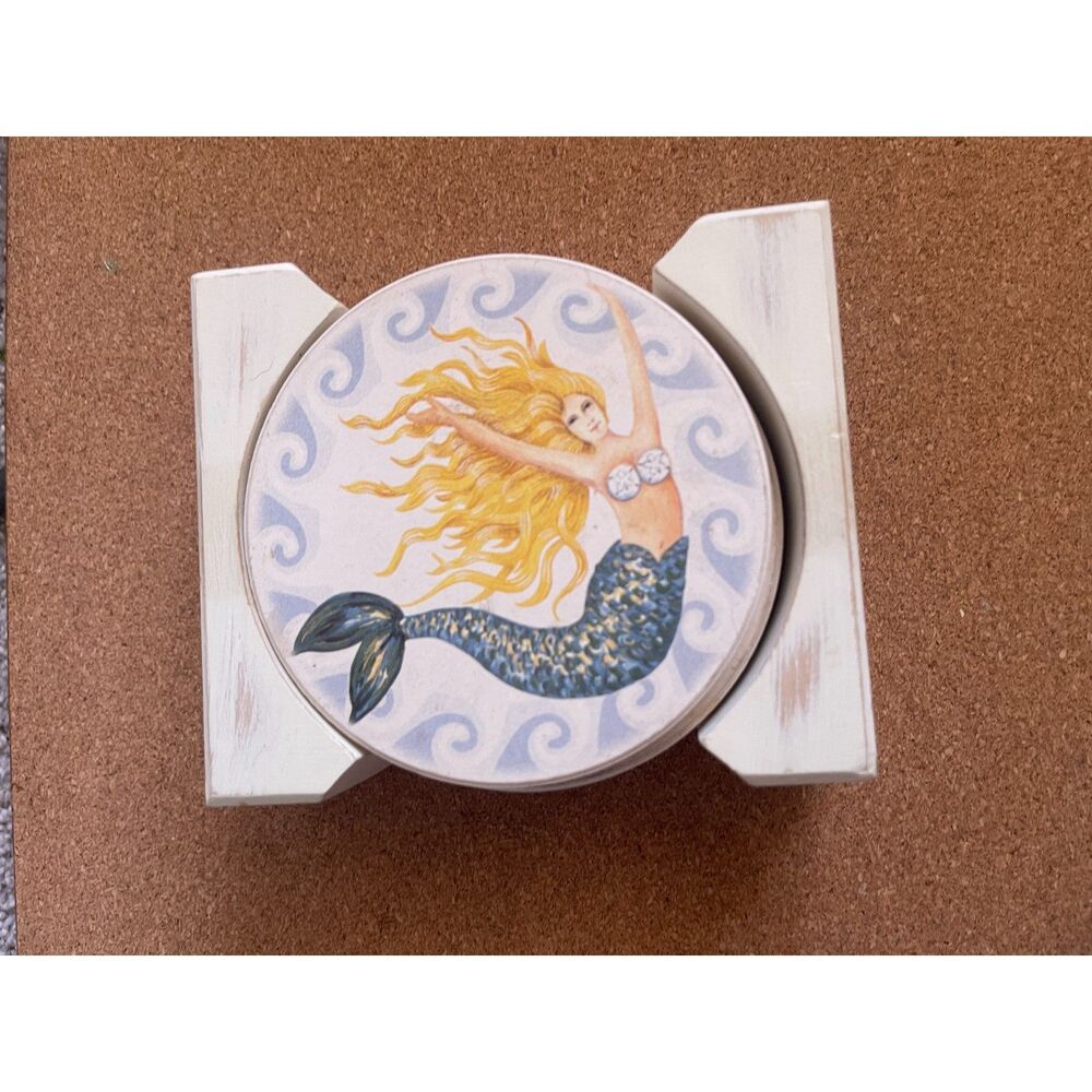 Vintage Mermaid Coasters Set 4 Beach Decor Stoneware Absorbent Style Boxed NOS - Picture 4 of 8